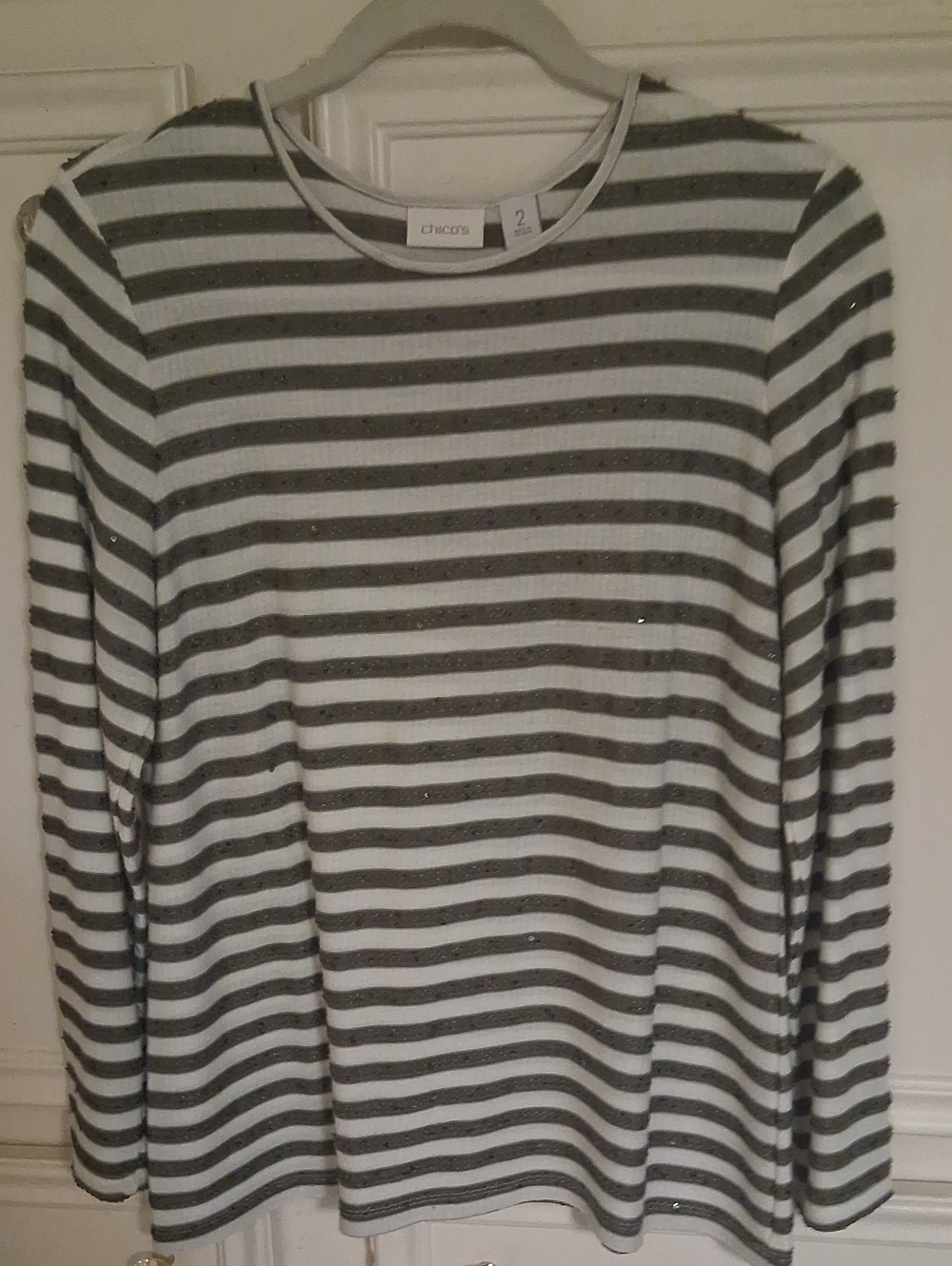Chico's Womens Striped Gray & White Crewneck Sweater W Small Crystal Accents